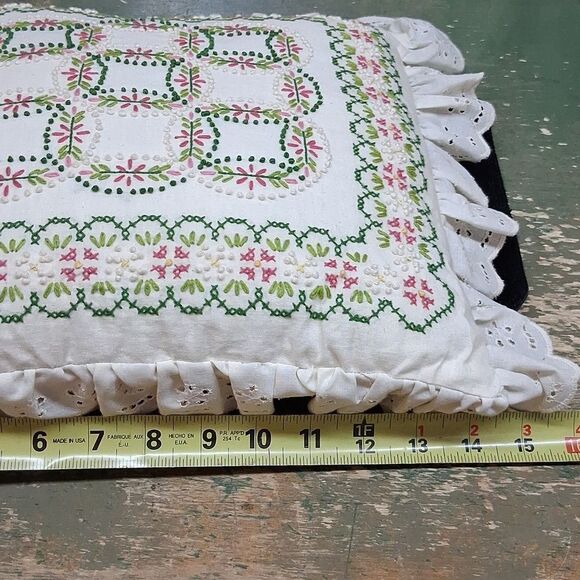 Hand crafted Embroidered Floral Ruffle 16" Square Pillow - Picture 5 of 5